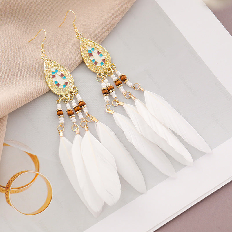 Wholesale Vintage Bohemian Long Feather Tassel Earrings ACC-ES-ZhiShifang002
