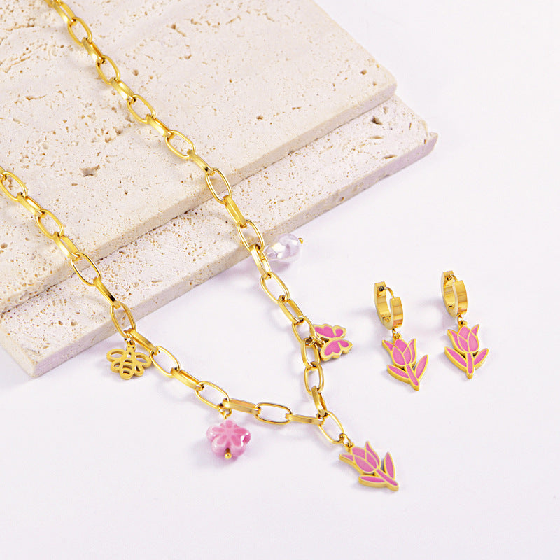Wholesale Titanium Steel Pink Drop Tulip Sweater Necklace Multi-element Butterfly Bee Bracelet