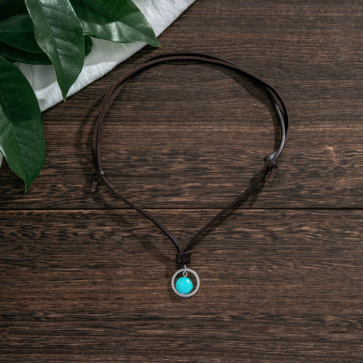 Wholesale Vintage Leather Men's Collarbone Chain Ring Turquoise Necklace ACC-NE-Puxin010