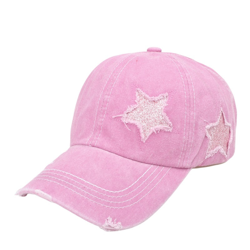 Wholesale  five-pointed star sequined ponytail ripped baseball cap