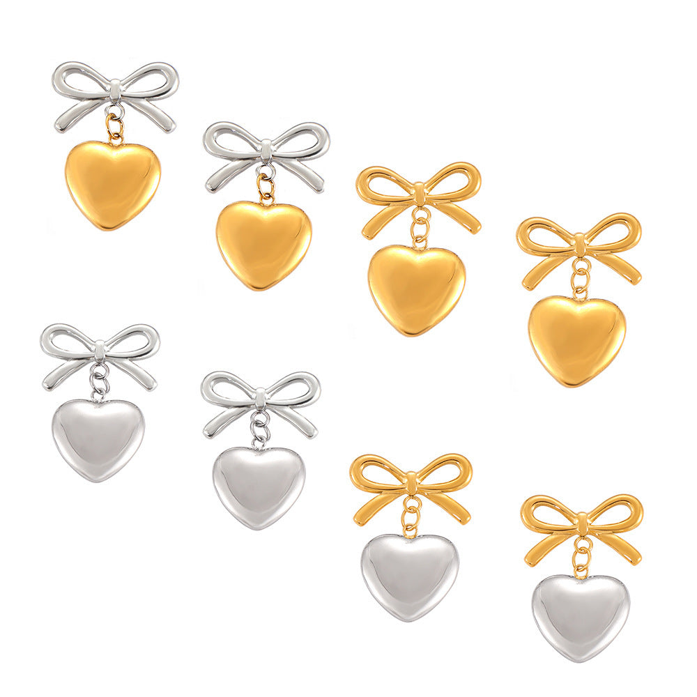 Wholesale Bow Heart Pendant 18K Gold Titanium Steel Earrings ACC-ES-OMK004
