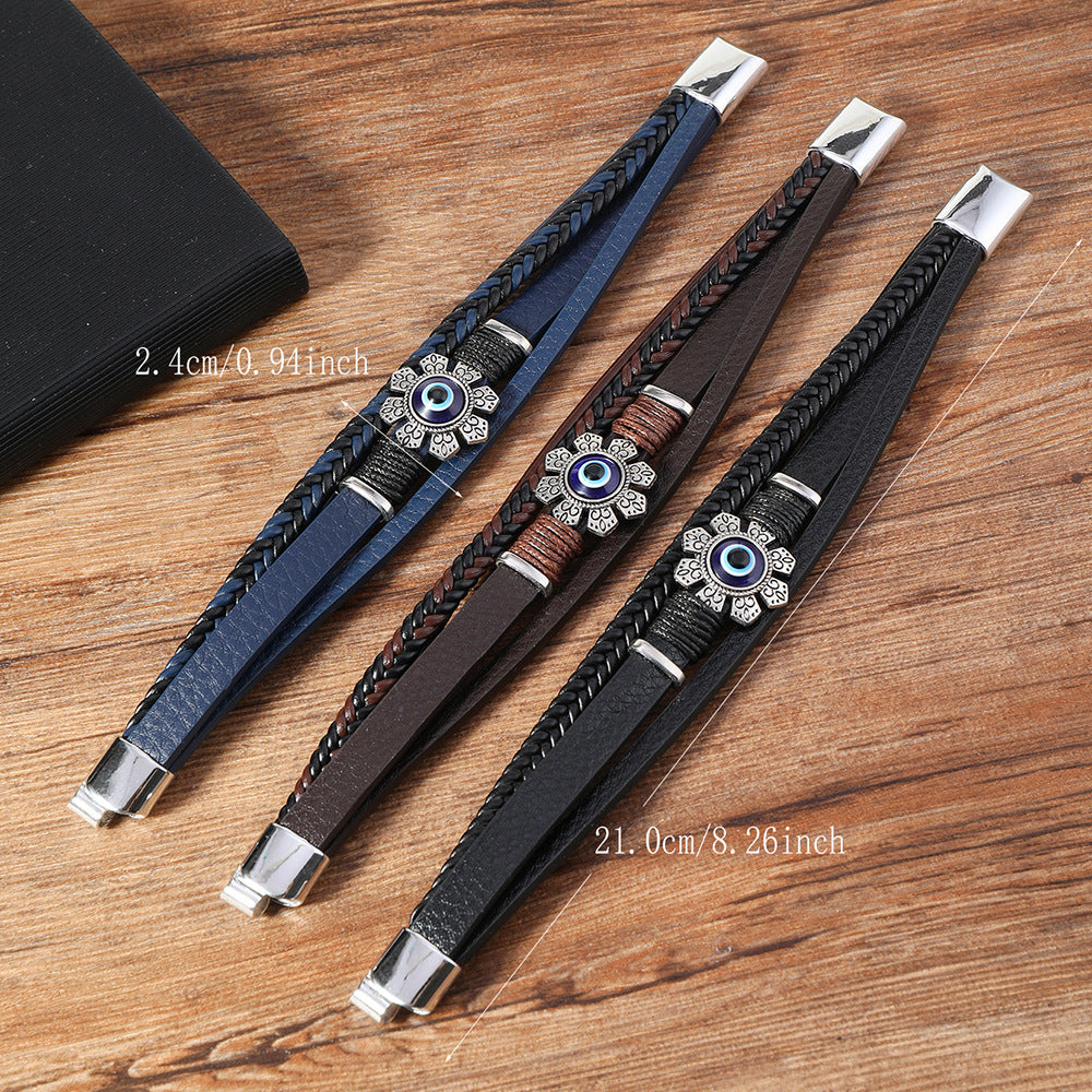 Wholesale Leather multi-layered floral evil eye bracelet