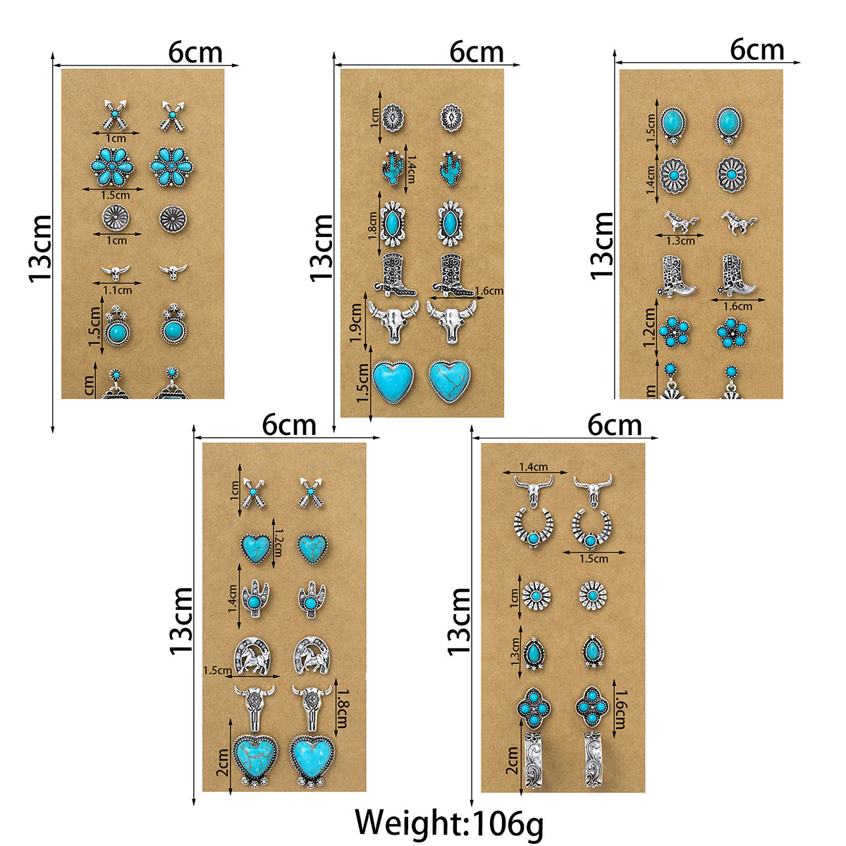 Wholesale Western-style turquoise heart earrings 6-piece set