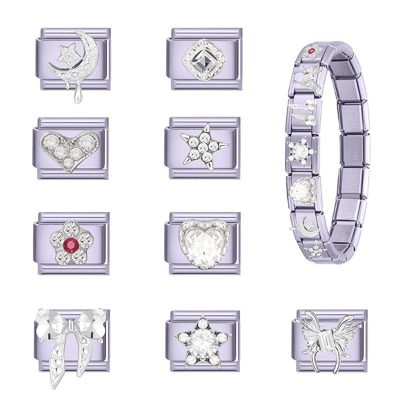 Wholesale Italian Style DIY Bracelet Set with Purple Hearts Stars Bowknot Crystal Pendant for Boutique Resale
