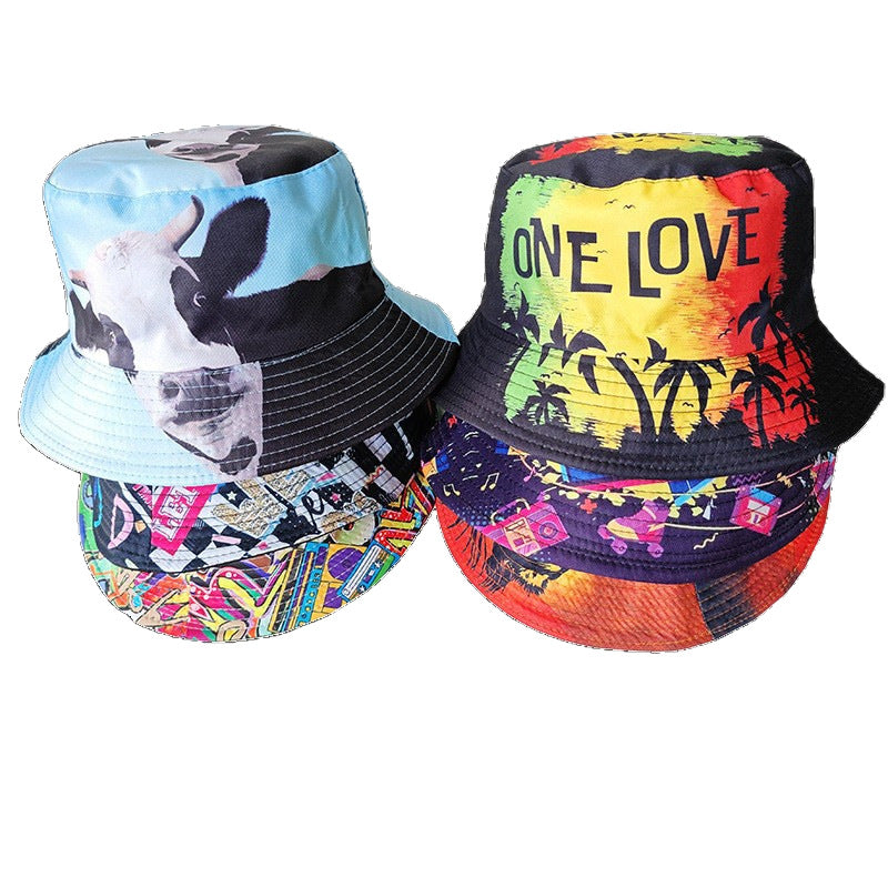 Wholesale Printed Cartoon Fisherman Hat,  Double-Sided Retro Sunshade,  Casual Outdoor Hat for Men Women