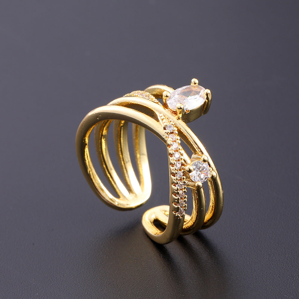 Wholesale European Fashion Sparkling Gold Plated Copper Zircon Open Ring Geometric Chic Jewelry Accessory Gift