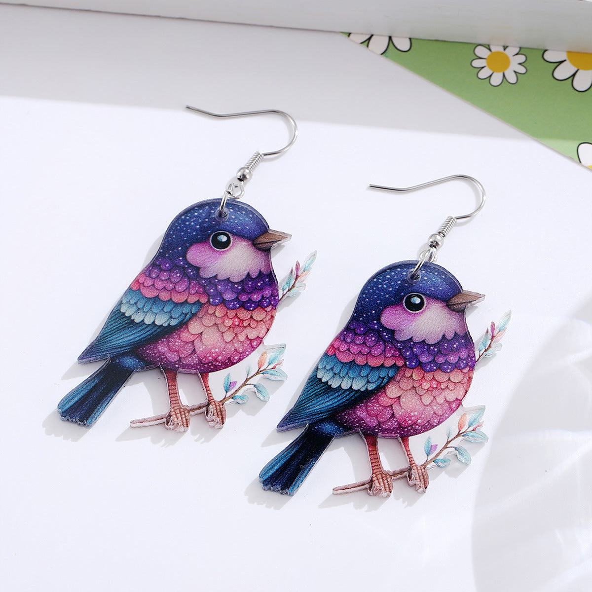 Wholesale Cute colorful bird hummingbird flower branch acrylic pendant earrings