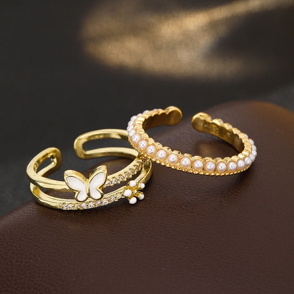 Wholesale Trendy Pearl Design Open Stacking Ring Copper Zircon Electroplated Jewelry For Women Everyday Chic Accessory