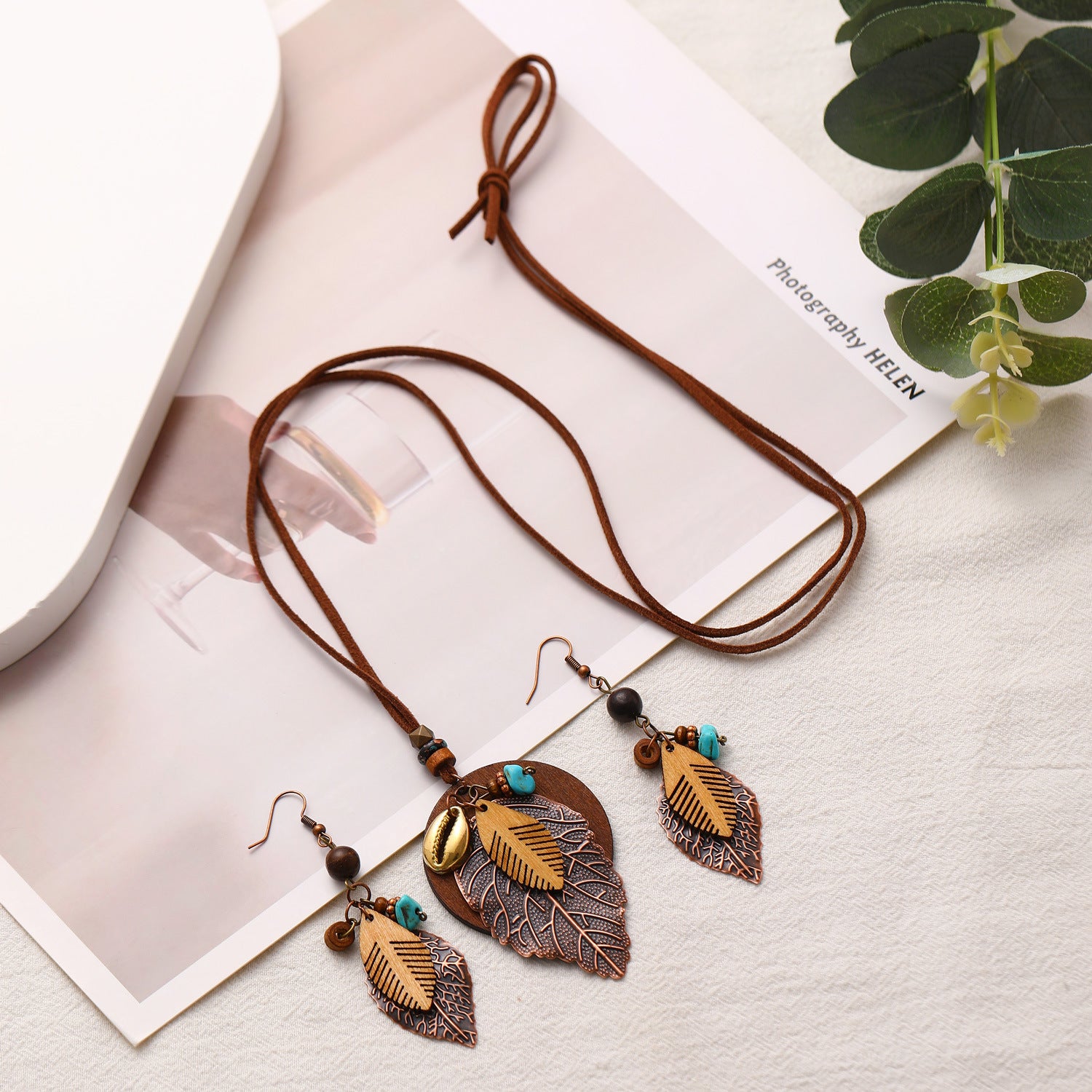 Wholesale vintage cotton and linen national style hollow leaves long sweater chain necklace