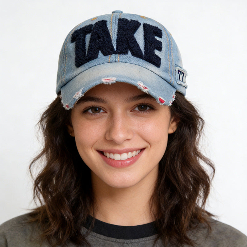Wholesale Trendy Embroidered Washed Denim Baseball Cap Adjustable Wine Red Unisex