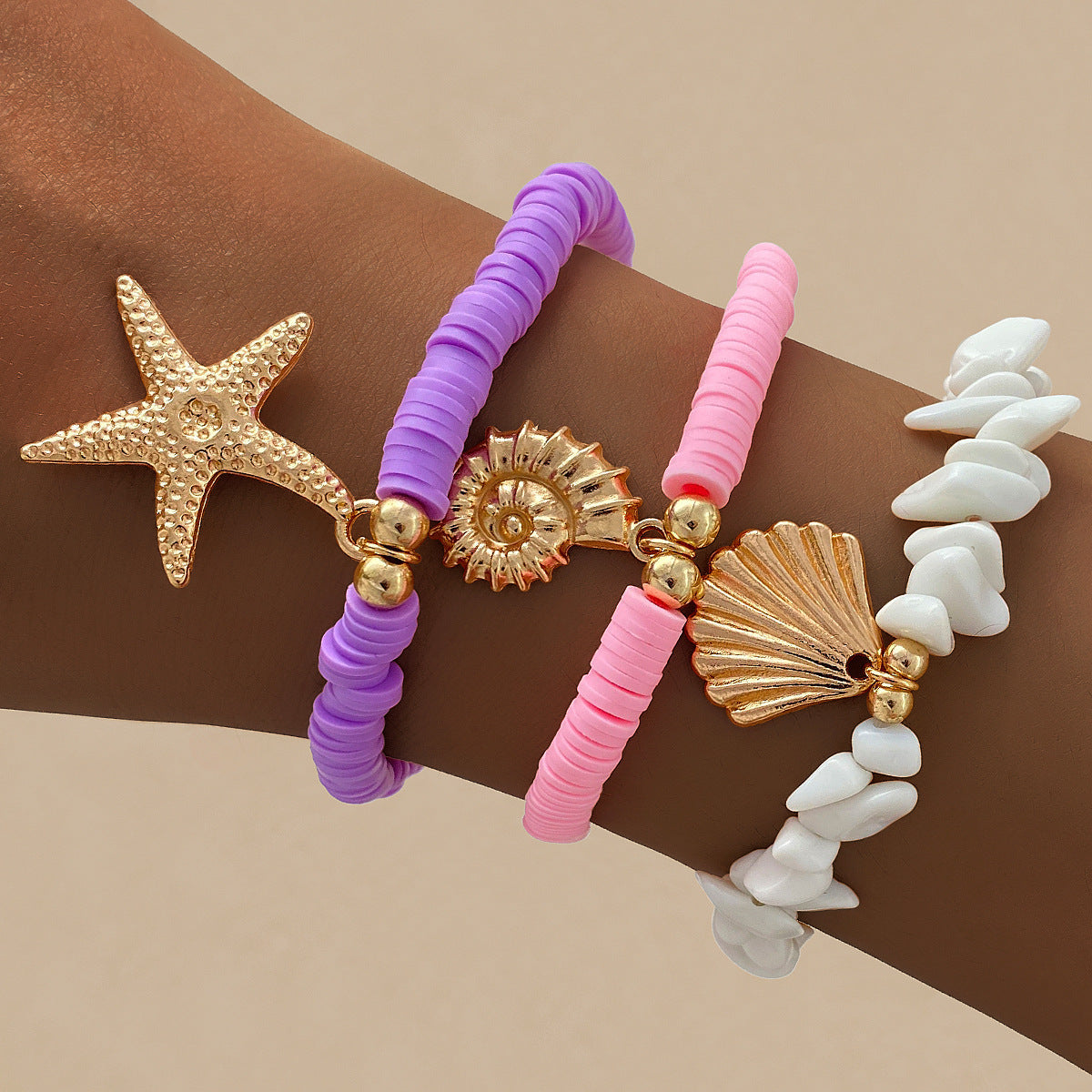 Wholesale Beach Vacation Starfish Shell Multi Layer Stacking Bracelet For Women White Crushed Stone Jewelry Chic Gift