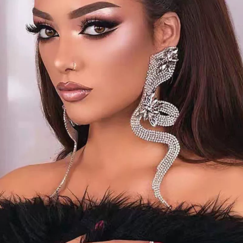 Wholesale exaggerated personality full diamond snake-shaped flower big earrings