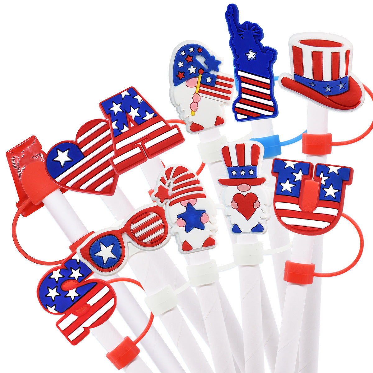 Wholesale Random Color 100pcs American Independence Day MOM Straw Tube Cap 10mm Soft Glue Straw Decoration Straw Cover ACC-SCR-RYY027