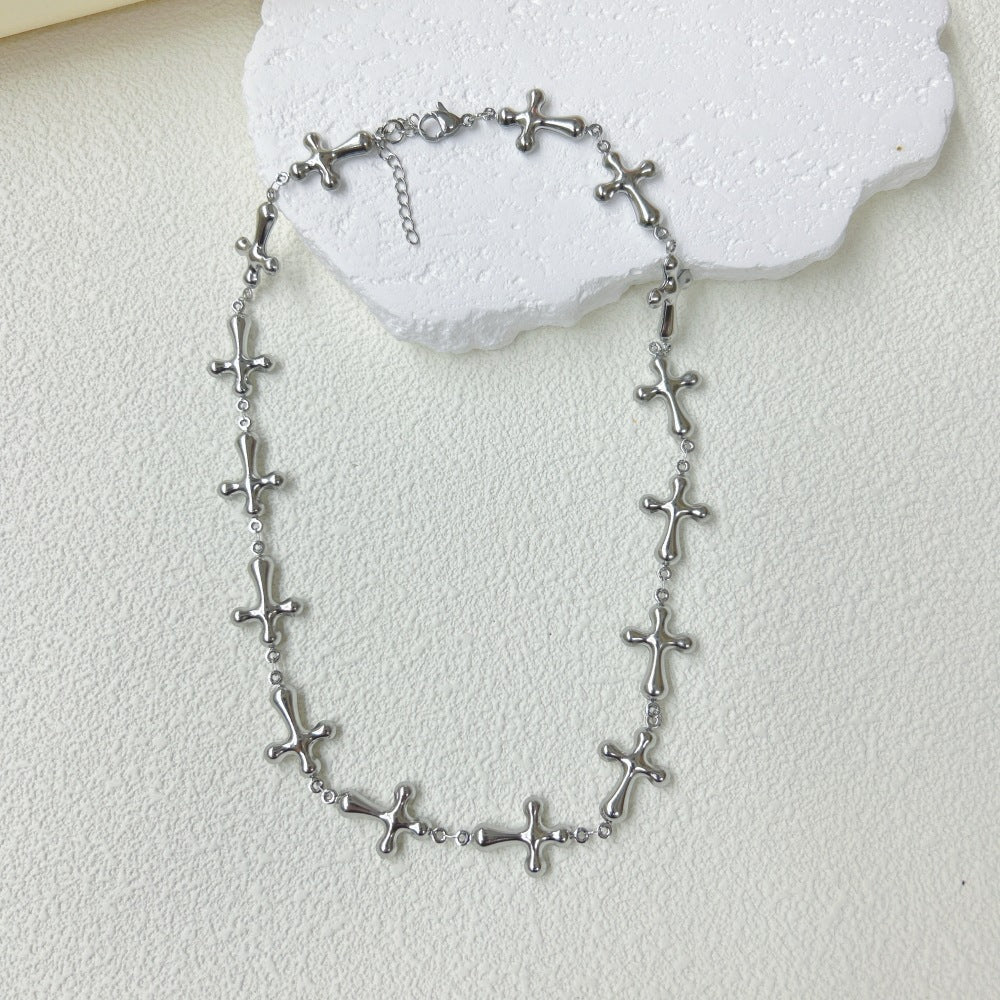 Wholesale  light luxury stainless steel three-dimensional hollow cross bracelet necklace suit