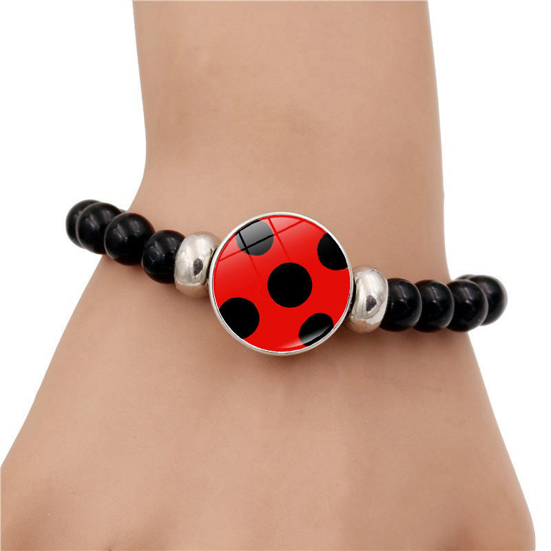 Wholesale Cartoon Ladybug Bear Paw Print Black Elastic Bead Bracelet Handmade Glass Jewelry Gift