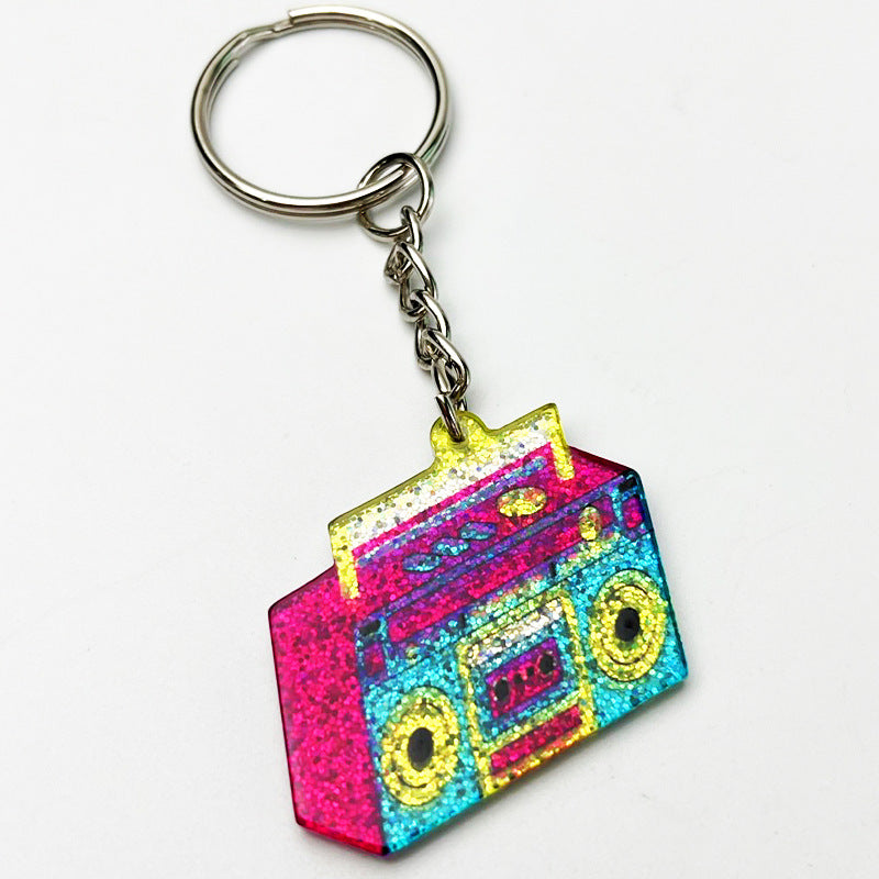 Wholesale 2pcs Love Tape Recorder Fluorescent Glitter Acrylic Keychain Creative Keychain ACC-KC-HY029