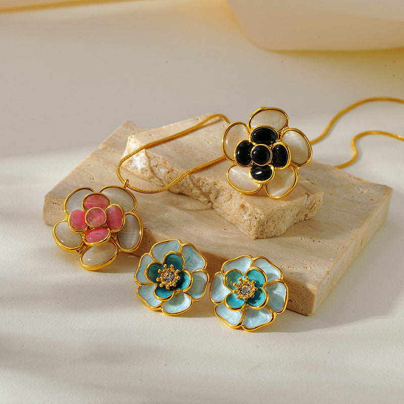 Wholesale Cat' s Eye Stone Dripping Oil Colorful Flower Necklace