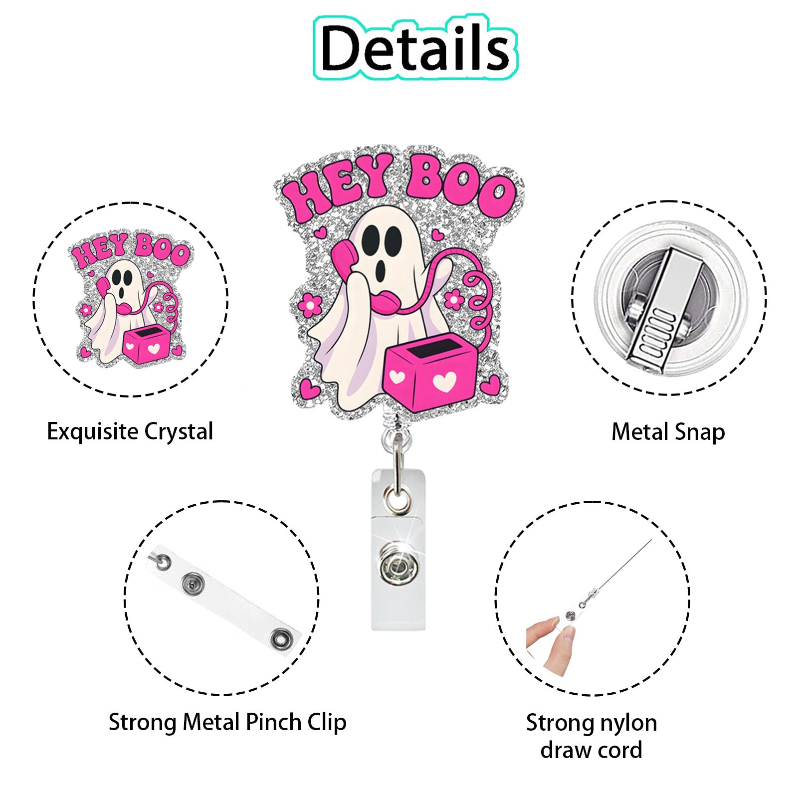 Wholesale Acrylic Pink Ghost Retractable Badge Holder  ID Badge Reel Fashion Accessory