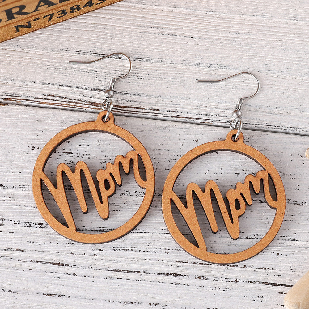 Wholesale Mother' s Day Round Hollow Pendant Earrings  Wooden Earrings
