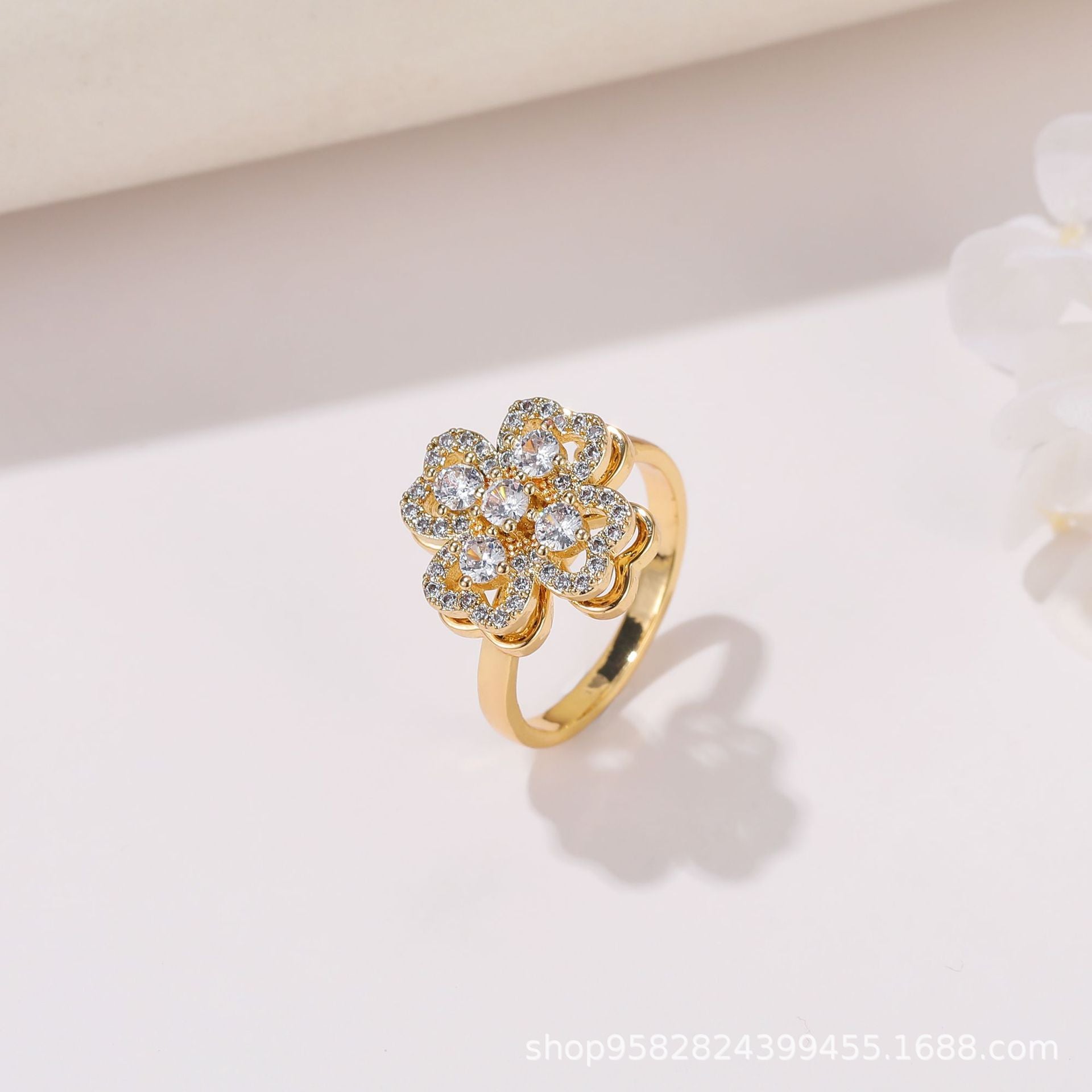 Wholesale 360° Rotating Double-Layer Flower Ring Gold Plated Zircon Fashion Accessory Boutique Gift