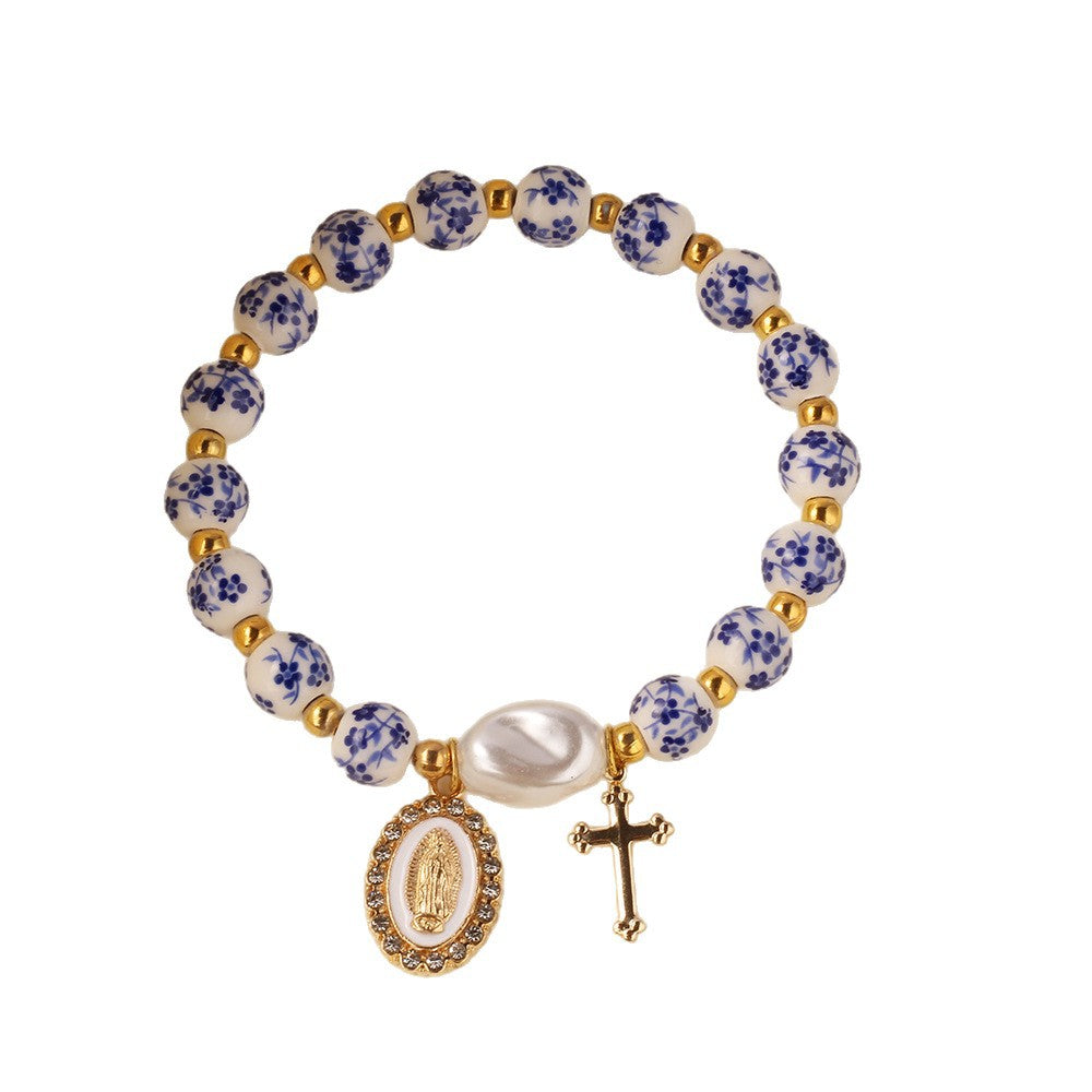 Wholesale 2PCS Blue and white porcelain ceramic man-made pearl cross bracelet