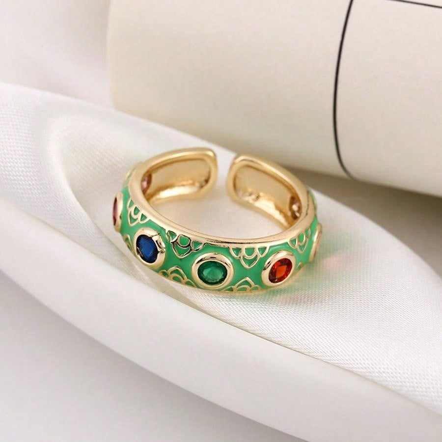 Wholesale Enamel dripping oil inlaid with colored diamonds Bohemian style ring