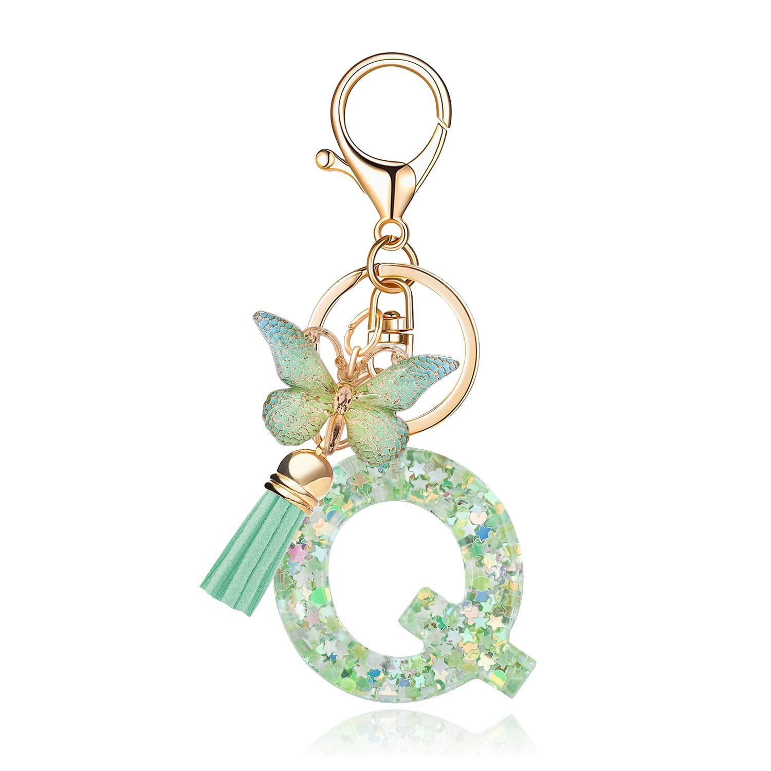 Wholesale 26 letter keychain green butterfly glue keychain