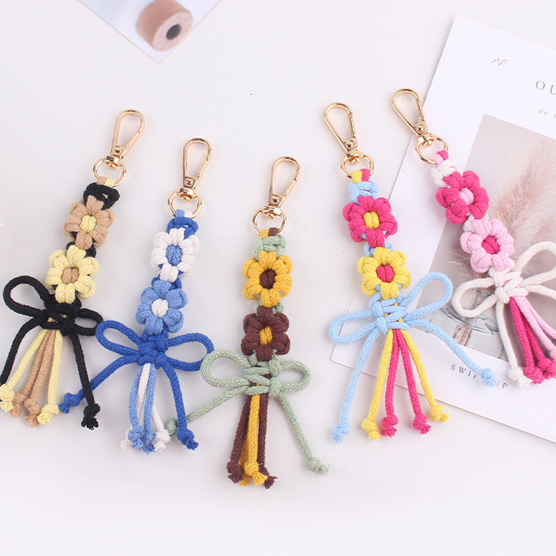 Wholesale Handwoven Cotton Rope Keychain Cartoon Flower Bow In Pink Korean Style Festival Gift
