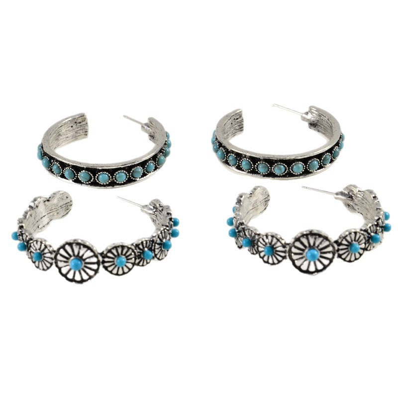 Wholesale Bohemian C-Shape Earrings Turquoise Inlay Zinc Alloy Jewelry Accessory Gift