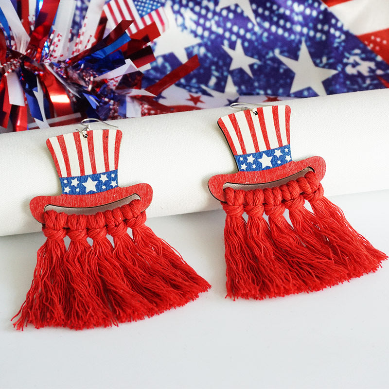 Wholesale 2 Pairs/pack American Independence Day Hats Hand Knitted Bohemian Tassel Cotton Thread Earrings ACC-ES-HY042