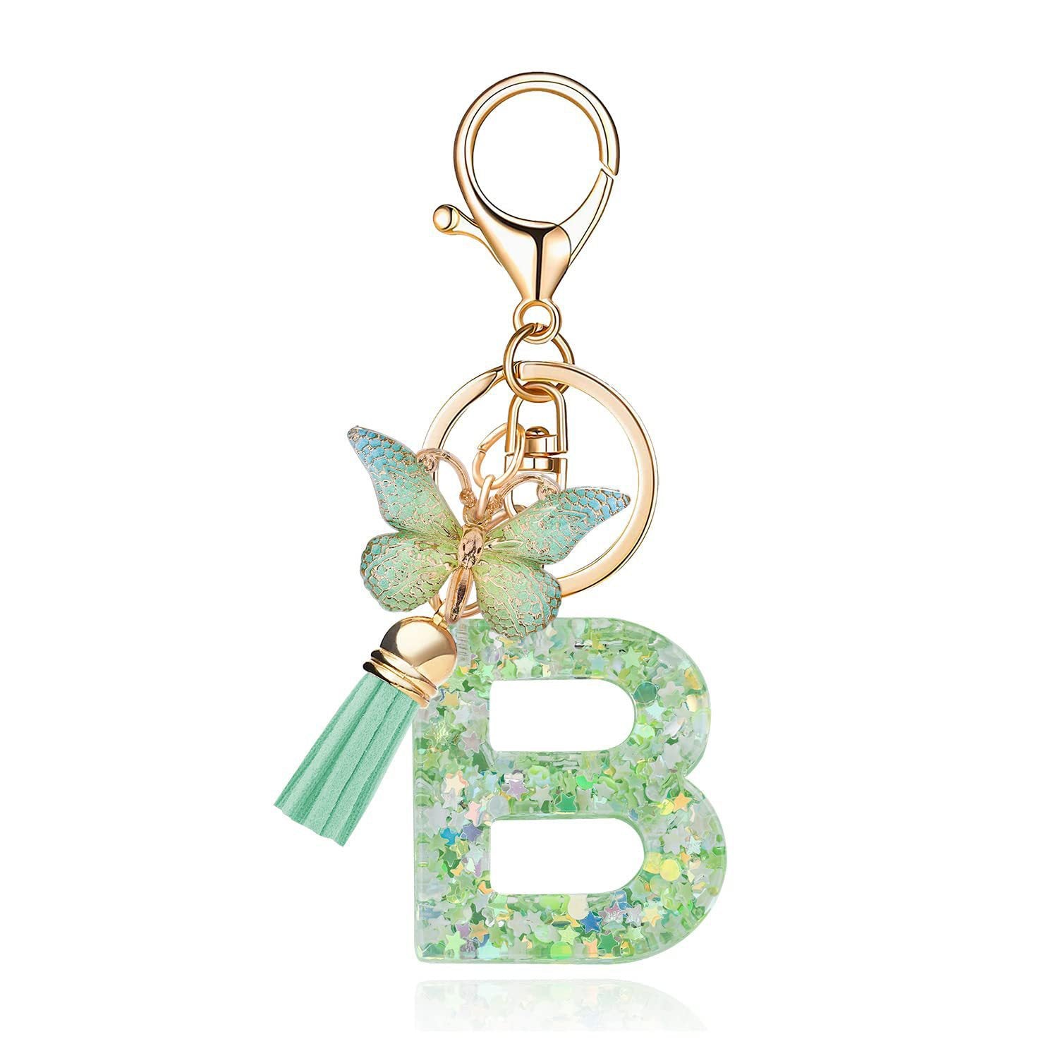 Wholesale 26 letter keychain green butterfly glue keychain