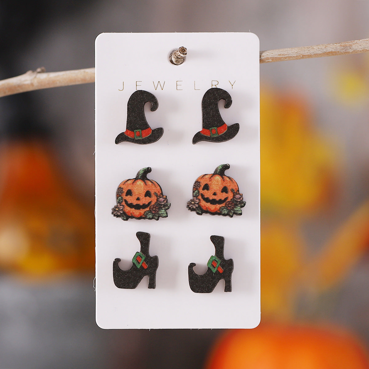Wholesale Halloween Bat Black Cat Witch Hat Earrings Set
