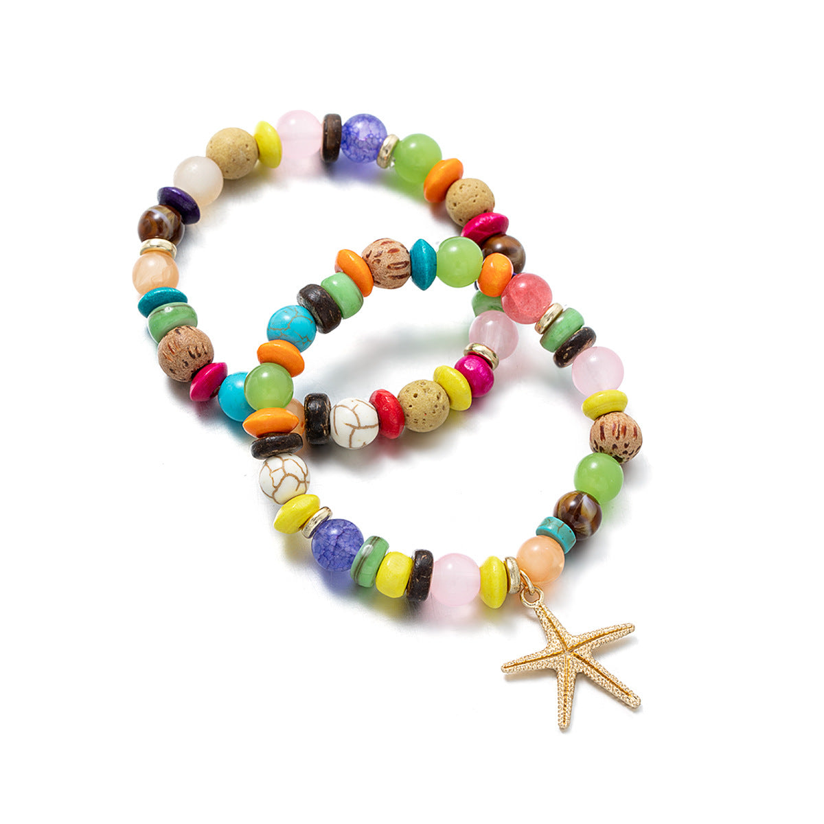 Wholesale Alloy Starfish Pendant Colorful Volcanic Stone Turquoise Coconut Shell Beaded Elastic Bracelet