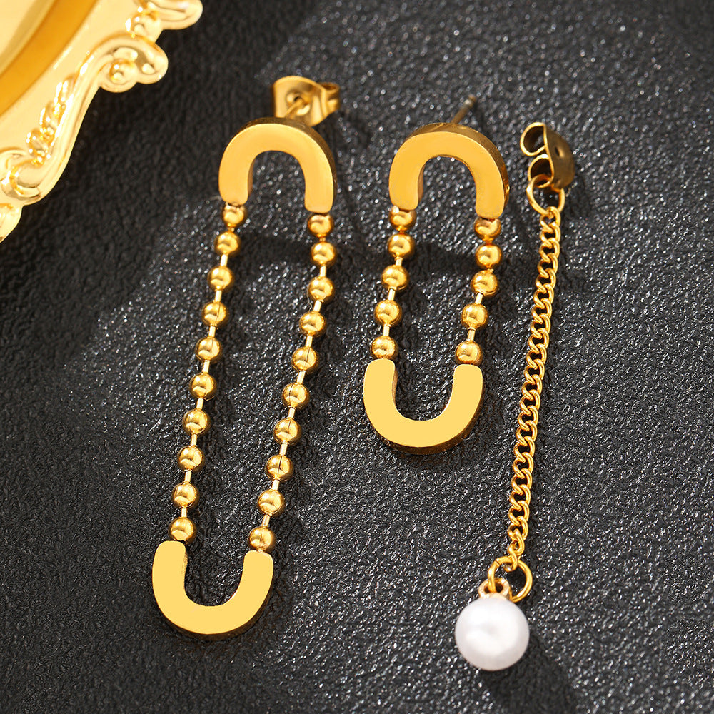 Wholesale Exaggerated Design Sense Stainless Steel Gold  Pearl Pendant Pin Earrings