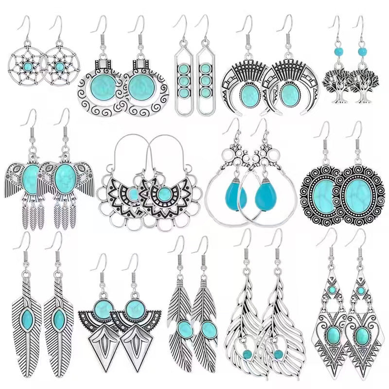 Wholesale Retro Bohemian Turquoise Alloy Earrings Party Wear Fashion Accessory