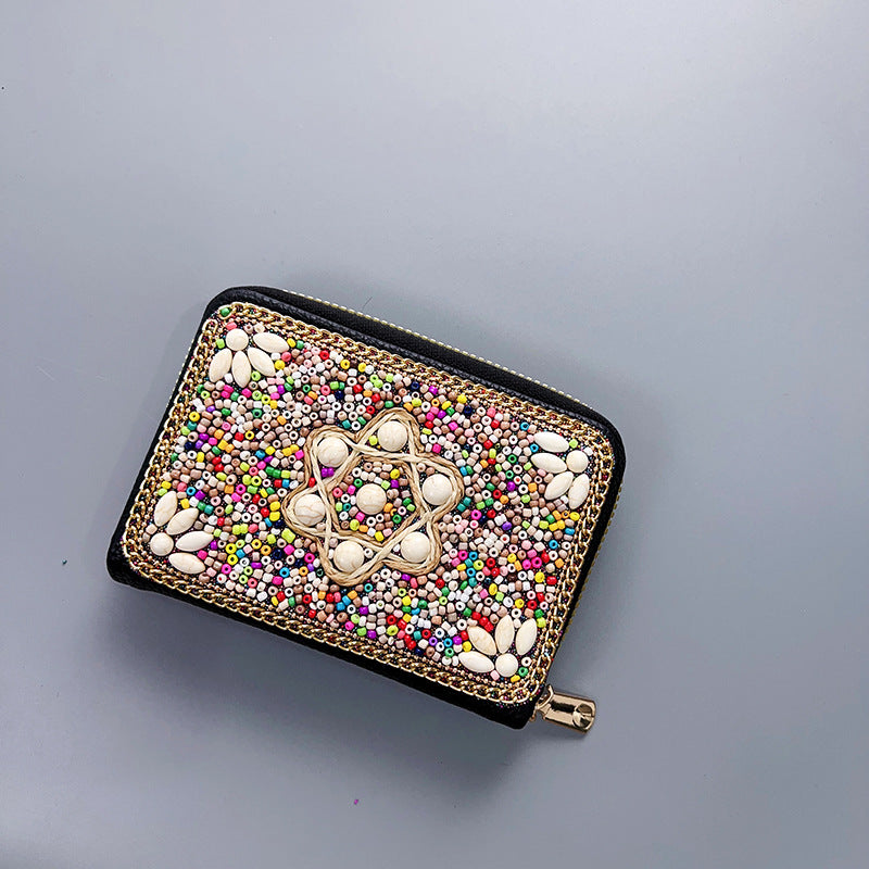 Wholesale Ethnic Retro Accordion Card Holder Handmade Rice Bead Bag Wallet ACC-WT-Mengs002