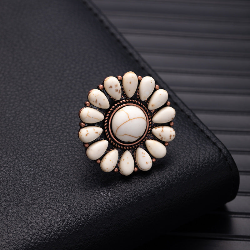 Wholesale Retro Bohemian Silver Flower Imitation Turquoise Ring - Fashion Accessory for Boutique Resale