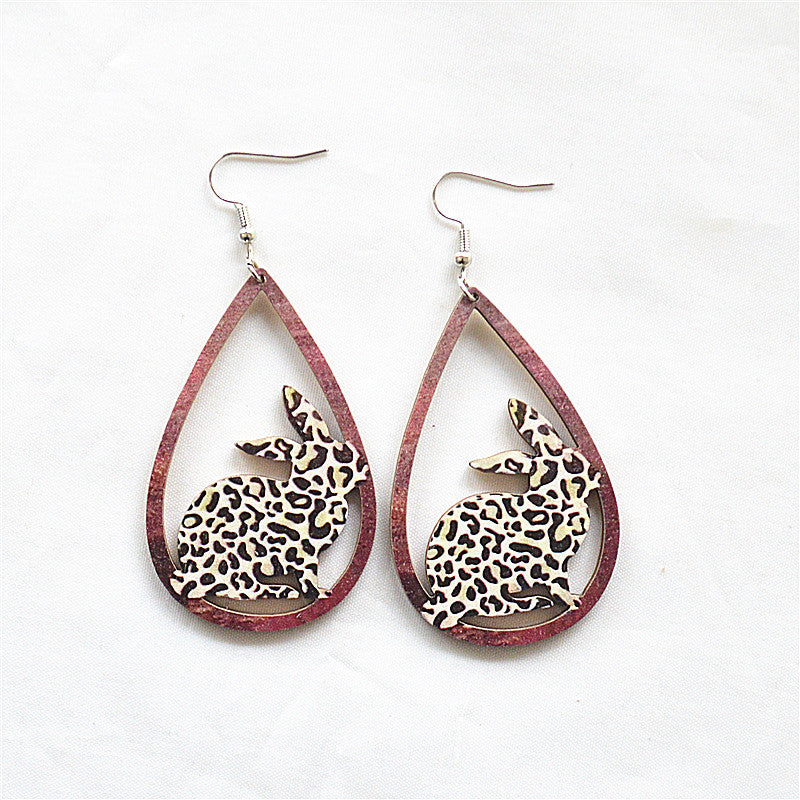Wholesale Easter Painted Leopard Print Water Drop Hollow Wooden Earrings