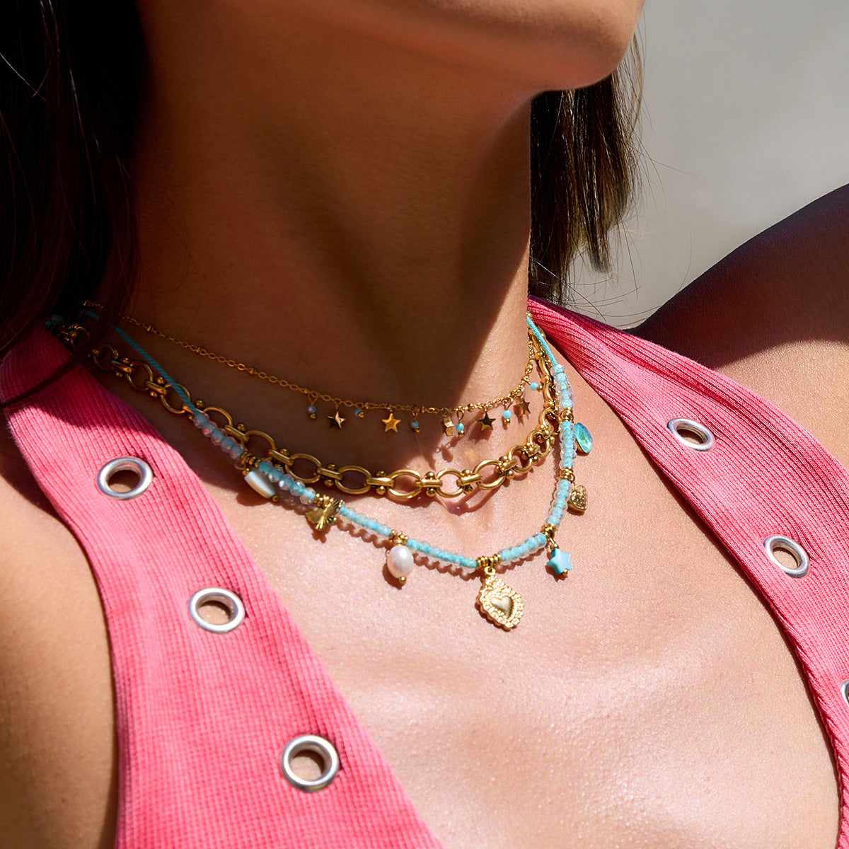 Wholesale  18K Gold Stainless Steel  Pearl Heart Five-Pointed Star Pendant Necklace