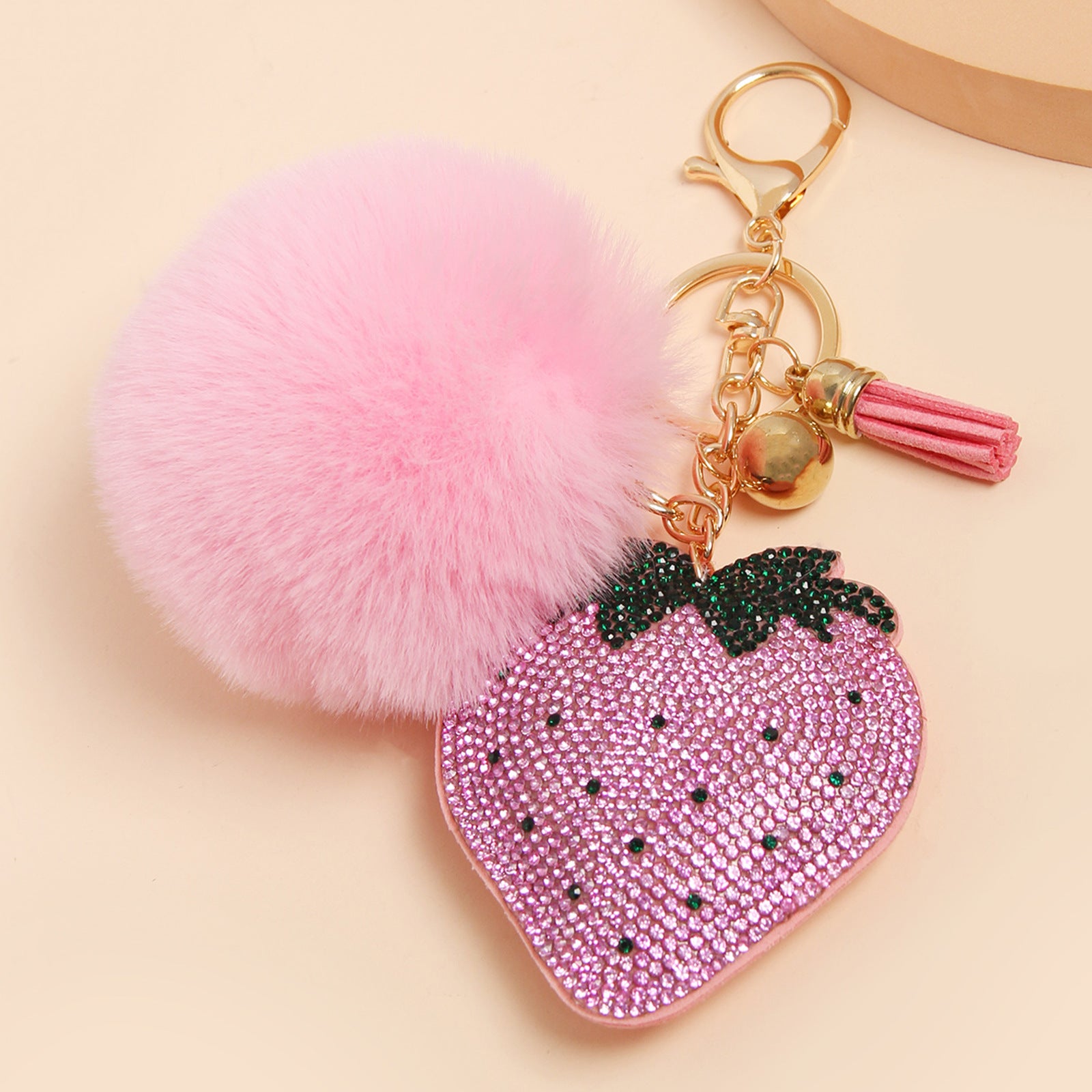 Wholesale Rhinestone Strawberry Heart-shaped Keychain Women' s Luggage Fur Ball Tassel Pendant Fashion South Korea Rhinestone Hanging Small Gift