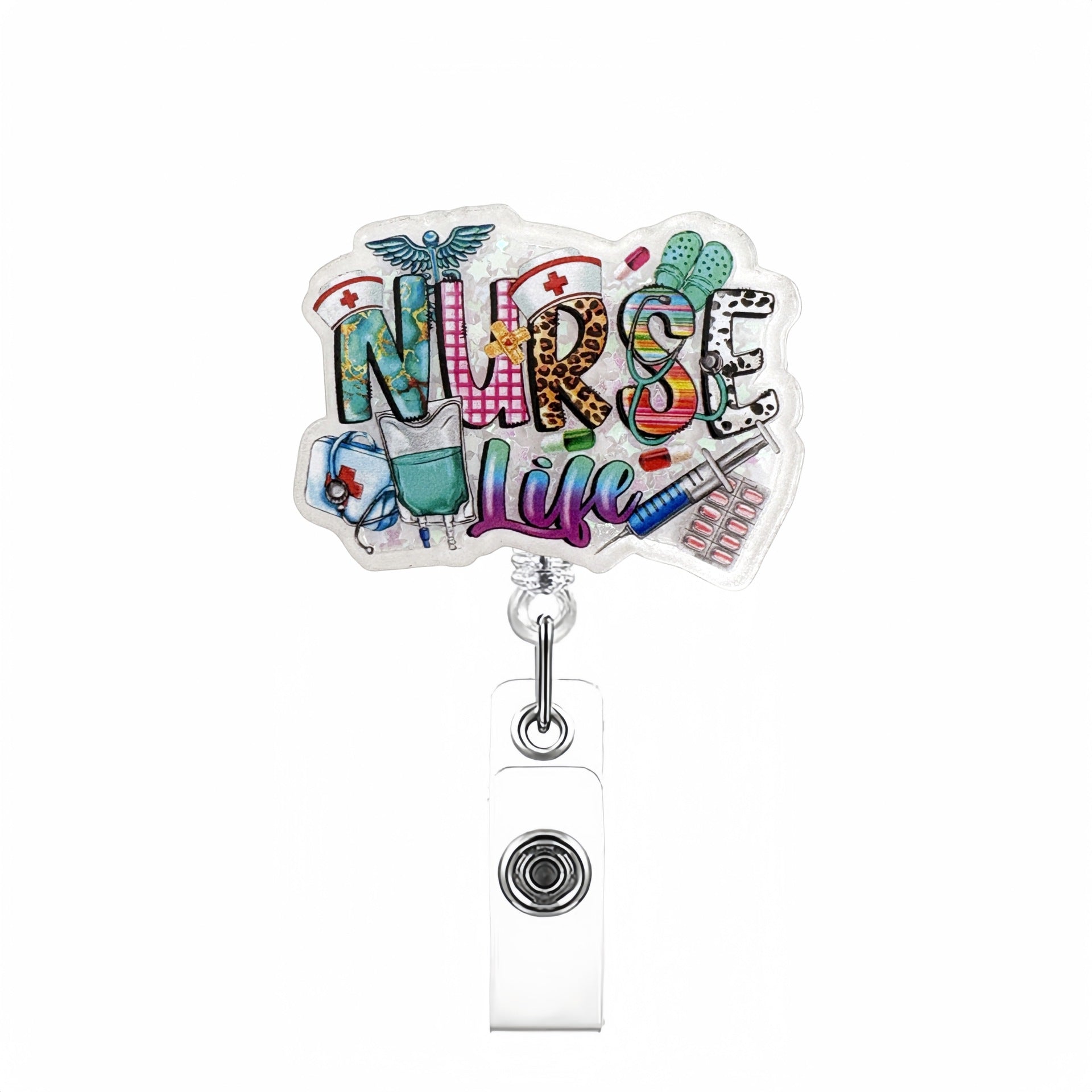 Wholesale Acrylic Quicksand Glitter Badge Reels Keychains