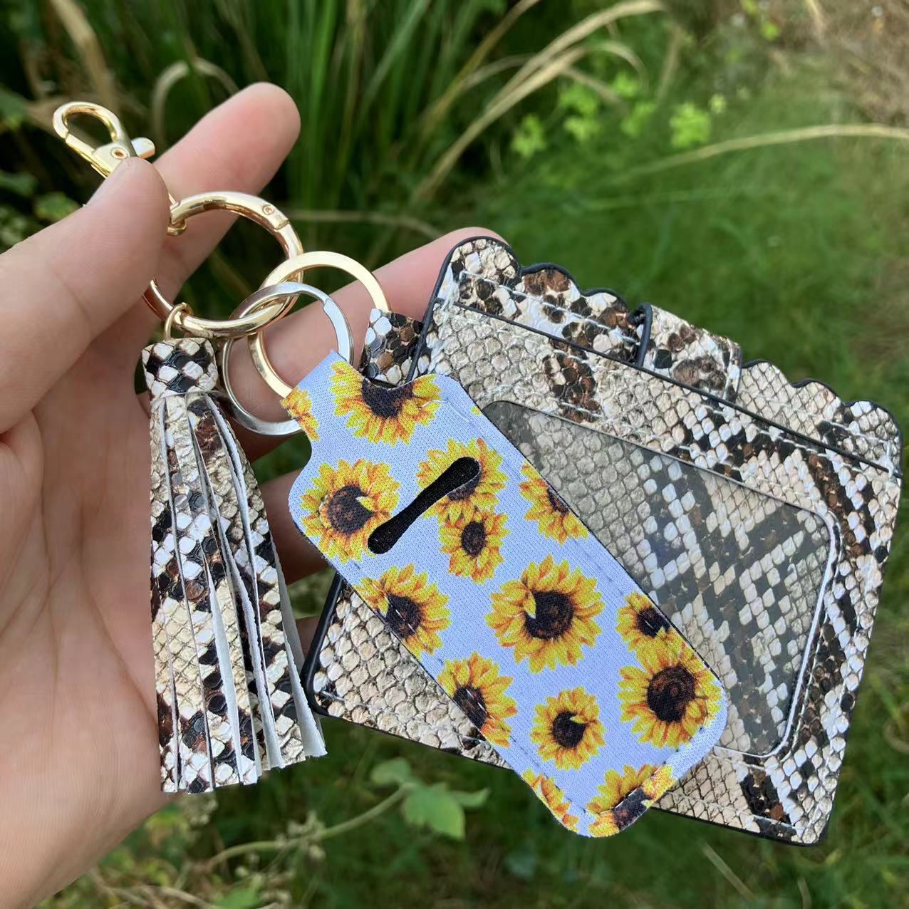 Wholesale Leopard Print Sunflower Butterfly Lipstick Case Card Holder Keychain Wristlet Keychain ACC-KC-QiuXue018