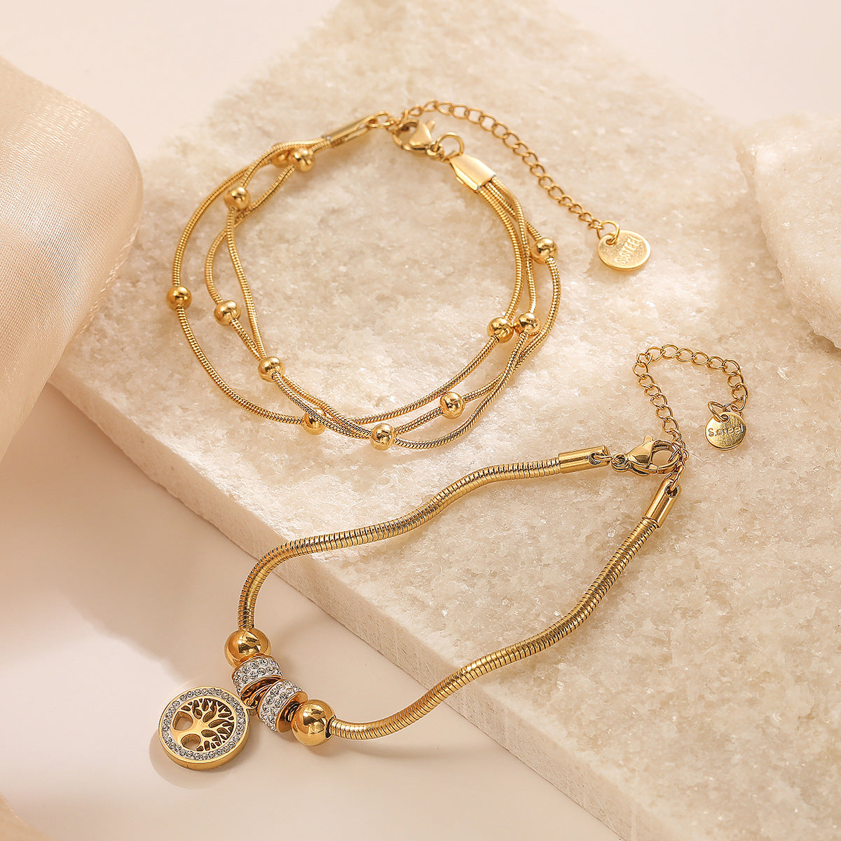 Wholesale Titanium Steel 18K Gold Plated Zircon Tree of Life Pendant Bracelet