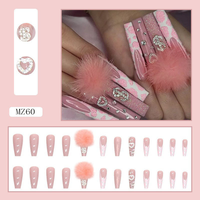 Wholesale 24 Pieces/box Pink Fur Ball Diamond Love Manicure Press-on Nails Kits Ballet Nail Stickers ACC-NS-SanWei001