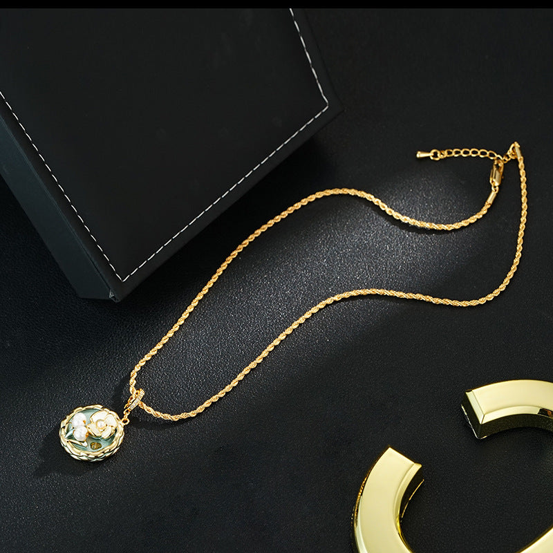 Wholesale  Green Oil Painting Style Natural Freshwater Drop Flower Round Pendant Necklace