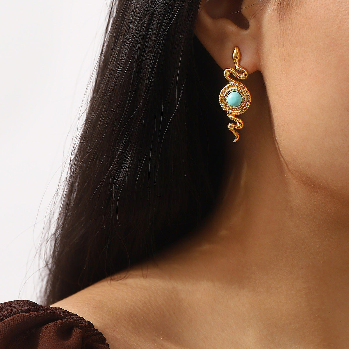 Wholesale Style Niche Design Sense Serpentine Earrings Stainless Steel Plated 14k Gold Set Turquoise Earrings