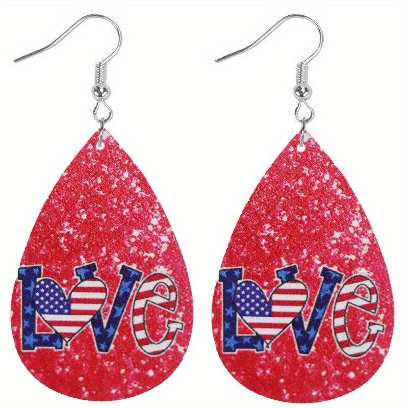 Wholesale Double-sided printing American Independence Day water drop leather earrings