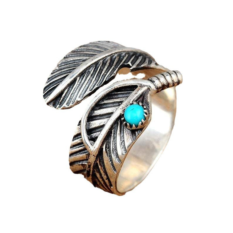 Wholesale  turquoise ring  retro feather  opening  ring