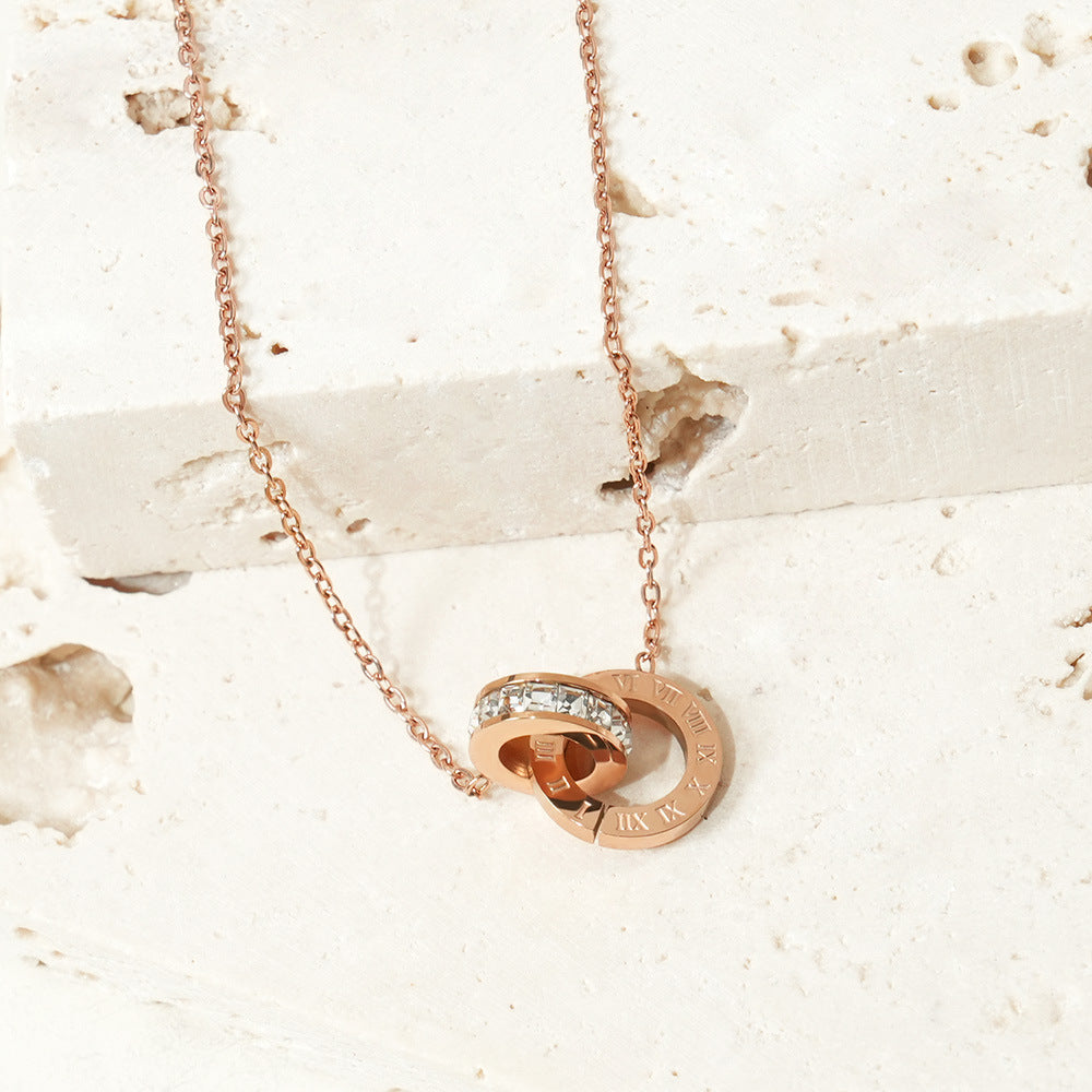 Wholesale Titanium steel double-ring diamond-set Roman numeral necklace