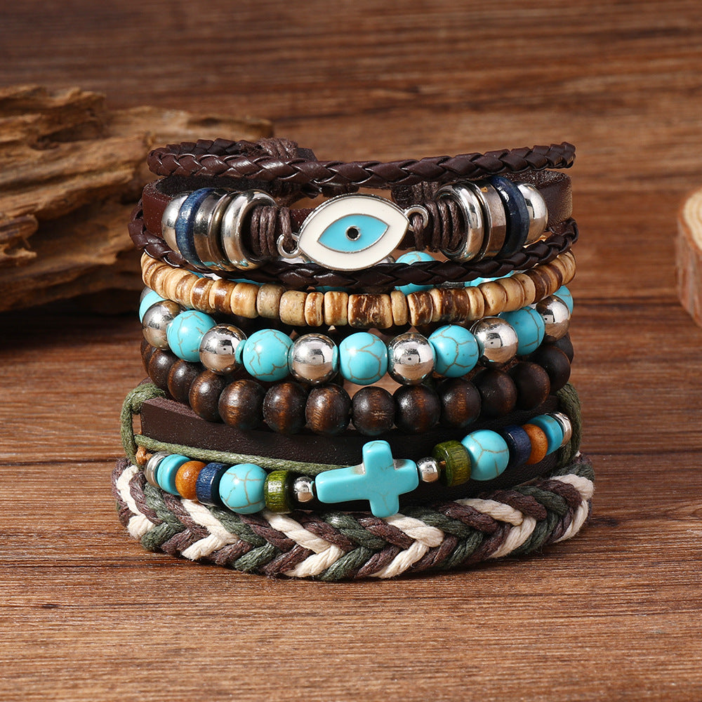 Wholesale Evil Eye Cross Bohemian Beaded Stretch Bracelet Turquoise nut Shell Wood Beads Handmade Unisex Fashion Accessory